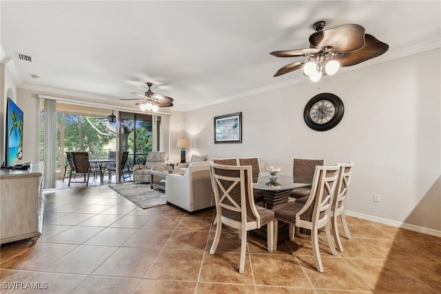 dining area with ceiling fan, visible vents, and ornamental molding