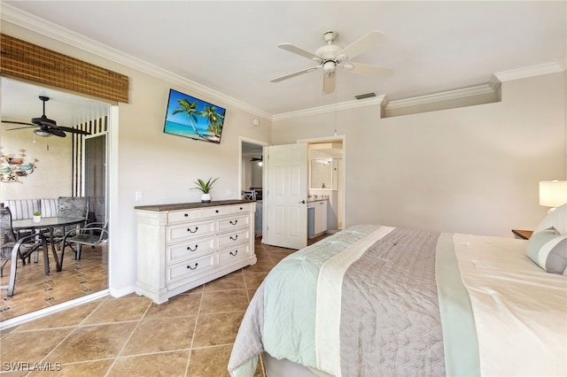 bedroom featuring crown molding, visible vents, baseboards, ceiling fan, and light tile patterned floors