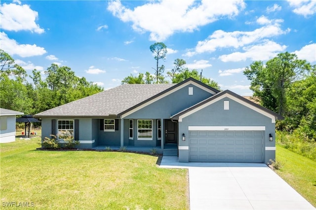 ranch-style house featuring a garage, a front lawn, stucco siding, and concrete driveway