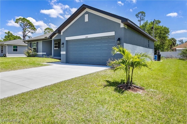 ranch-style house with stucco siding, concrete driveway, a front lawn, and a garage