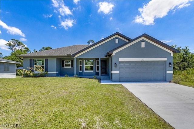 ranch-style house featuring a garage, stucco siding, a front yard, and concrete driveway