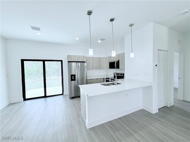 kitchen featuring light countertops, light wood-style floors, stainless steel appliances, and a peninsula