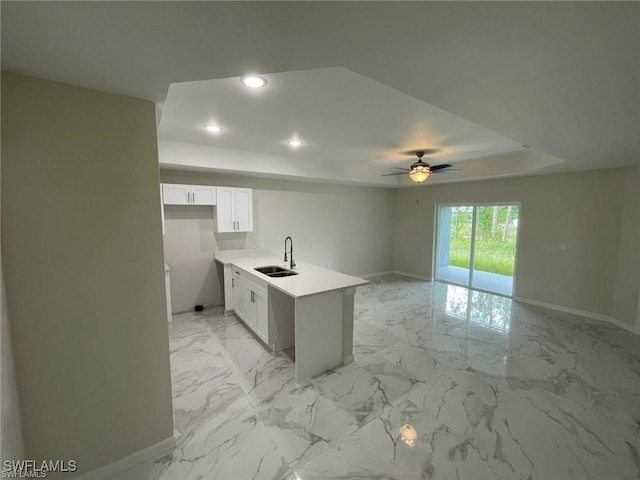 4709/4711 Leonard Blvd S, Lehigh Acres, FL 33973 - kitchen featuring a sink, baseboards, a tray ceiling, a ceiling fan, and recessed lighting