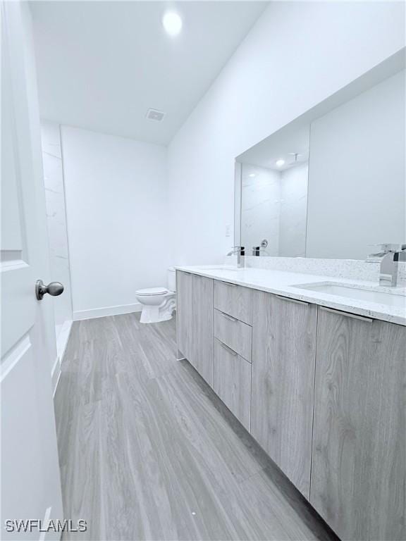 bathroom featuring a sink, baseboards, toilet, and double vanity