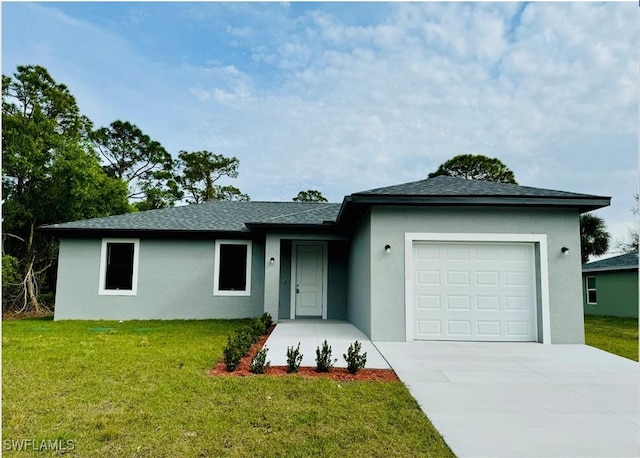 ranch-style house featuring a garage, stucco siding, concrete driveway, and a front yard