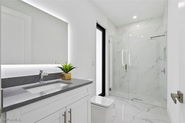 bathroom with marble look tile flooring, toilet, a marble finish shower, and vanity