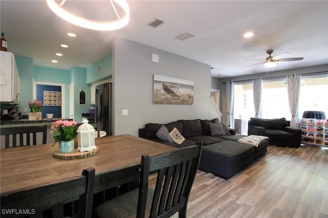 9792 Glen Heron Dr, Bonita Springs, FL 34135 - living room featuring recessed lighting, ceiling fan, visible vents, and light wood finished floors