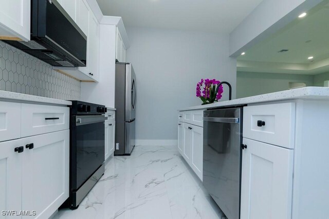 kitchen featuring black appliances, recessed lighting, white cabinets, baseboards, and light marble finish floors