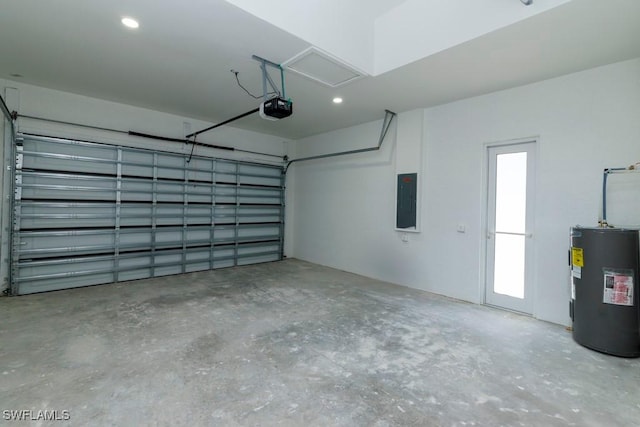 garage featuring electric water heater, a garage door opener, electric panel, and recessed lighting