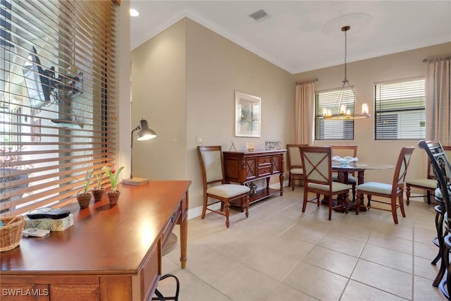 28404 Via Odanti Dr, Bonita Springs, FL 34135 - dining area featuring visible vents, baseboards, an inviting chandelier, ornamental molding, and light tile patterned flooring
