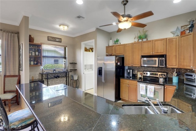 28404 Via Odanti Dr, Bonita Springs, FL 34135 - kitchen with ceiling fan, visible vents, tasteful backsplash, a sink, and stainless steel appliances