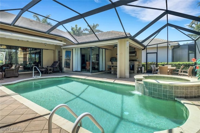 28404 Via Odanti Dr, Bonita Springs, FL 34135 - outdoor pool featuring glass enclosure, an in ground hot tub, a ceiling fan, and a patio area