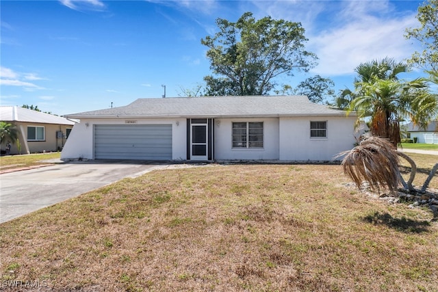 single story home with concrete driveway, stucco siding, a front yard, and a garage