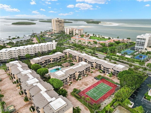 bird's eye view with a water view and a view of city
