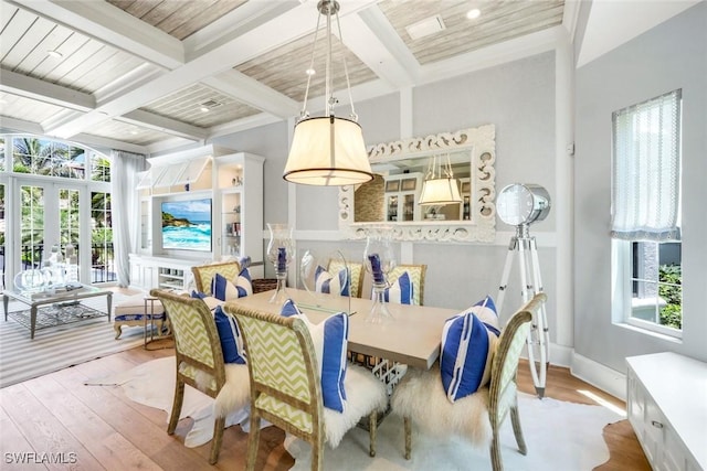 510 2nd St S Unit 102, Naples, FL 34102 - dining space with beam ceiling, hardwood / wood-style floors, coffered ceiling, french doors, and baseboards