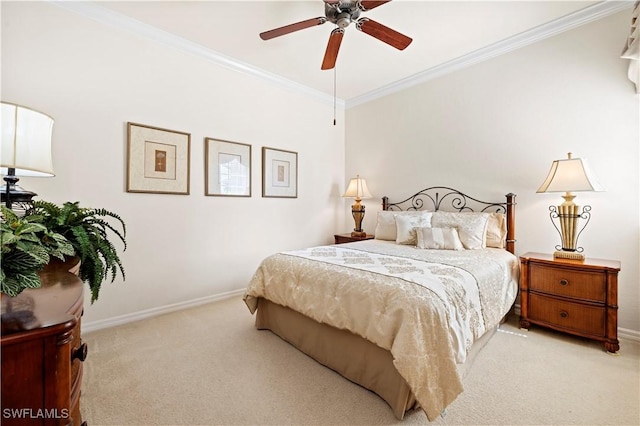 bedroom featuring baseboards, ceiling fan, light carpet, and ornamental molding