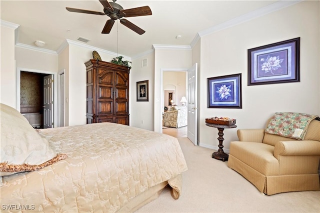 bedroom with ornamental molding, carpet, baseboards, and visible vents