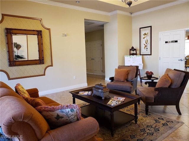 living room featuring light tile patterned floors, baseboards, and ornamental molding