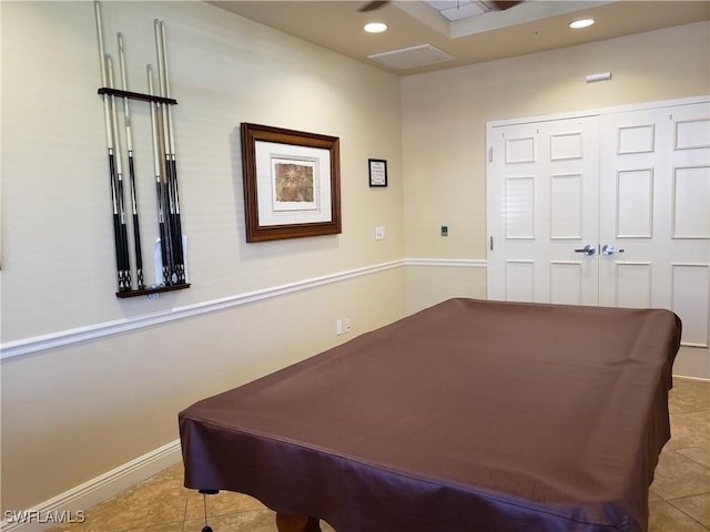 rec room featuring recessed lighting, pool table, baseboards, and tile patterned flooring