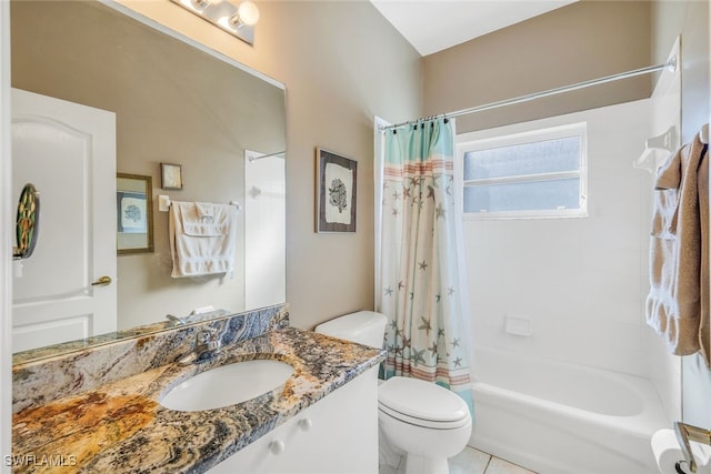 bathroom featuring toilet, shower / bathtub combination with curtain, tile patterned flooring, and vanity