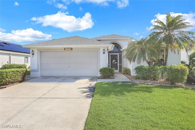 ranch-style home with a garage, stucco siding, concrete driveway, and a front lawn