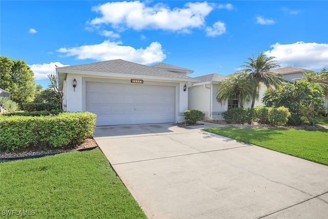 ranch-style home with a garage, stucco siding, concrete driveway, and a front yard