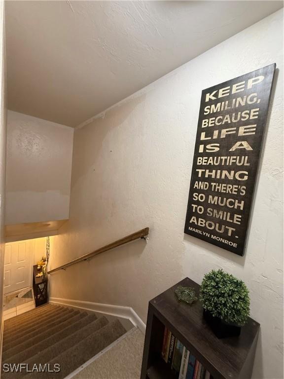 stairs featuring baseboards, carpet, and a textured wall