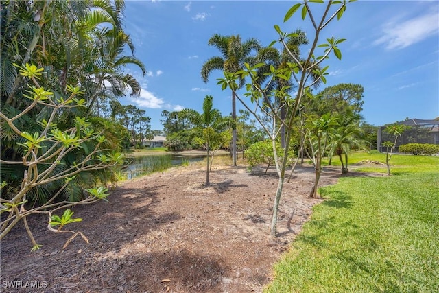 view of home's community with a lawn and a water view