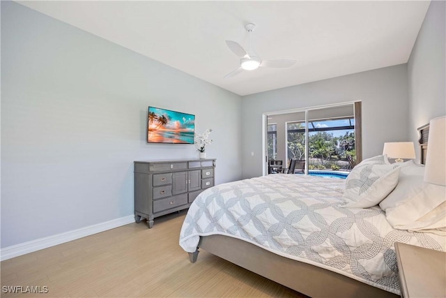 bedroom featuring access to exterior, baseboards, light wood-type flooring, and a ceiling fan