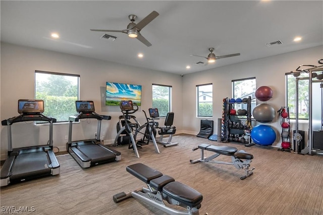 workout area with carpet floors, a ceiling fan, recessed lighting, and baseboards