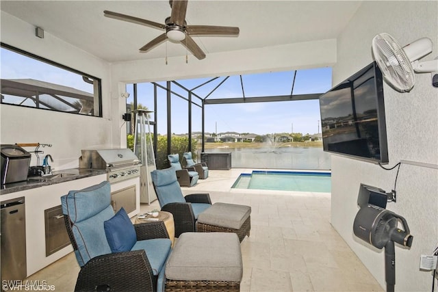swimming pool with area for grilling, ceiling fan, grilling area, a patio, and glass enclosure