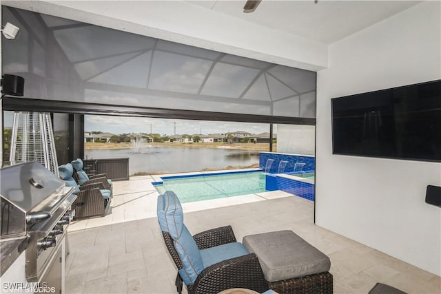 outdoor pool with area for grilling and a patio