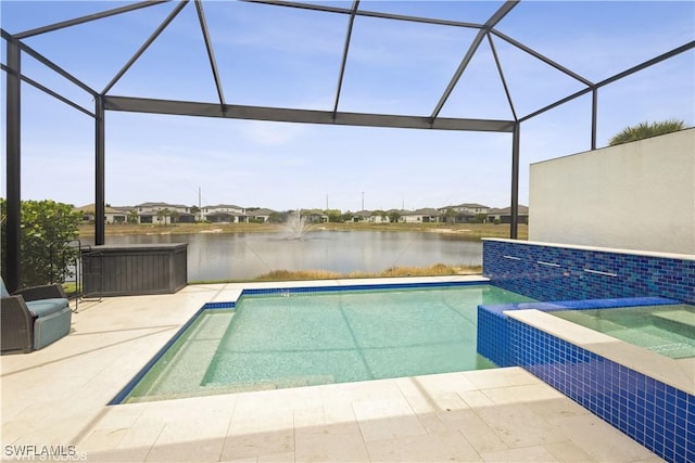 view of pool featuring a water view, a pool with connected hot tub, and a lanai