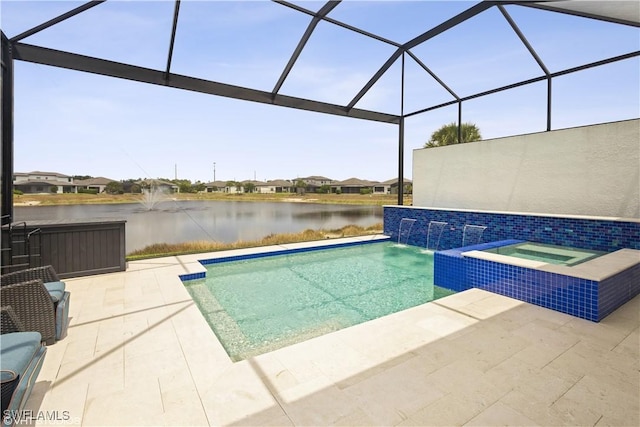 view of swimming pool with a water view, a patio, and a lanai
