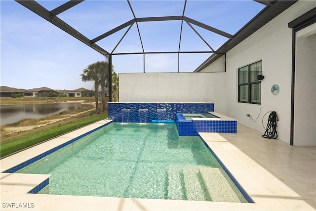 swimming pool with a patio, a jacuzzi, a water view, and a lanai