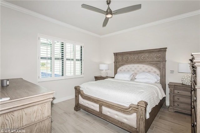 bedroom featuring baseboards, ornamental molding, ceiling fan, and light wood-style flooring