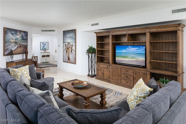 living area with ornamental molding and visible vents