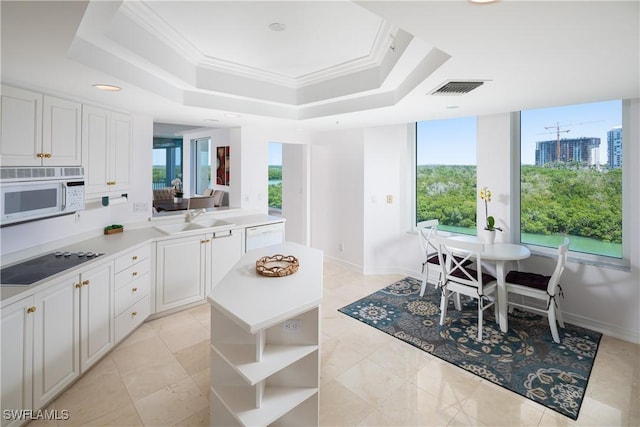 kitchen featuring a tray ceiling, a center island, white appliances, visible vents, and a sink