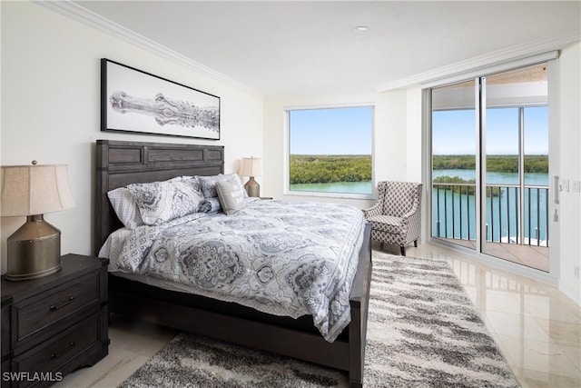 bedroom with a water view, multiple windows, access to outside, and crown molding