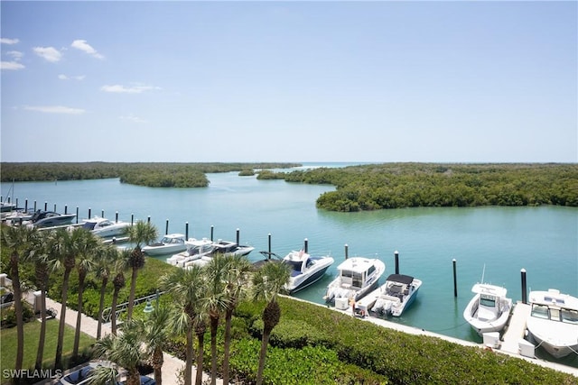 dock area featuring a water view and a wooded view