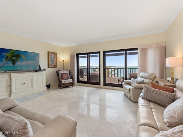 living room with crown molding and baseboards