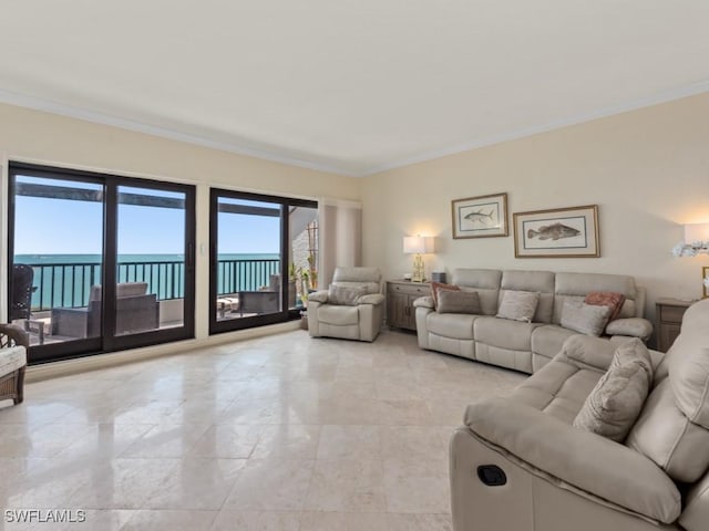 living room featuring crown molding, a water view, and light tile patterned floors