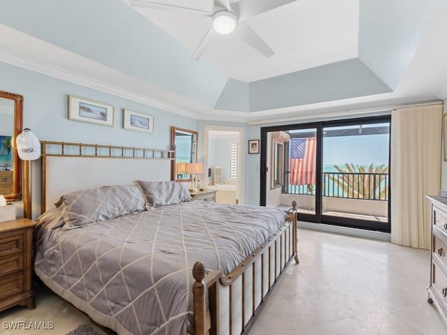 bedroom with access to outside, ornamental molding, and a raised ceiling