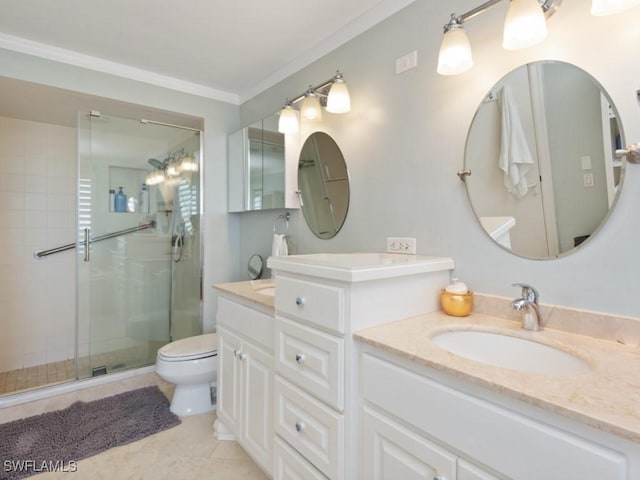 full bath with double vanity, toilet, tile patterned floors, a shower stall, and a sink