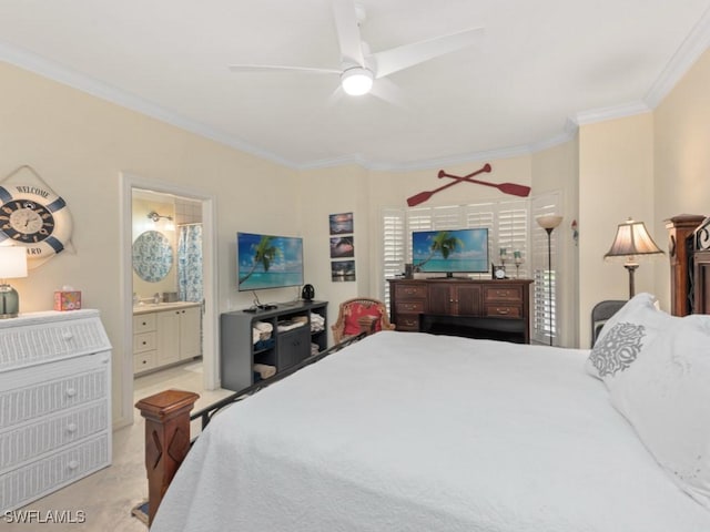 bedroom with crown molding, a ceiling fan, connected bathroom, and light colored carpet