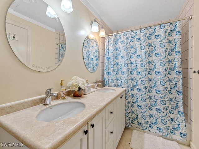 bathroom with a sink, tile patterned flooring, double vanity, and curtained shower