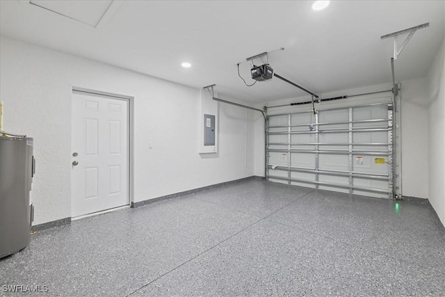 631 Summit Ave S, Lehigh Acres, FL 33974 - garage featuring electric panel, a garage door opener, water heater, and recessed lighting