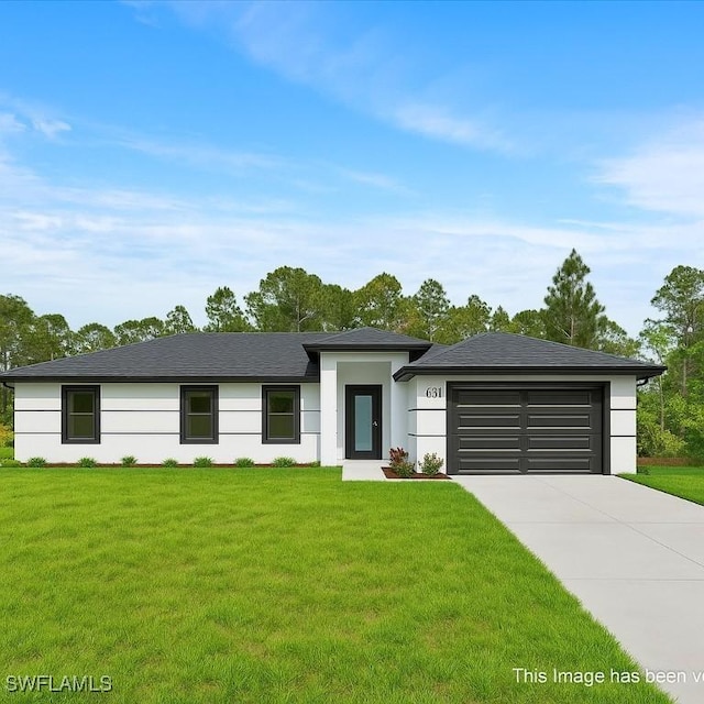 631 Summit Ave S, Lehigh Acres, FL 33974 - prairie-style house with an attached garage, driveway, a front lawn, and stucco siding