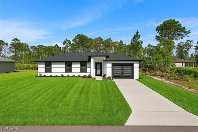 631 Summit Ave S, Lehigh Acres, FL 33974 - view of front facade featuring a garage, a front yard, driveway, stucco siding, and roof with shingles