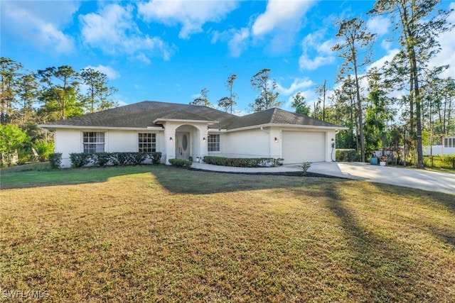 ranch-style home with stucco siding, an attached garage, driveway, and a front yard